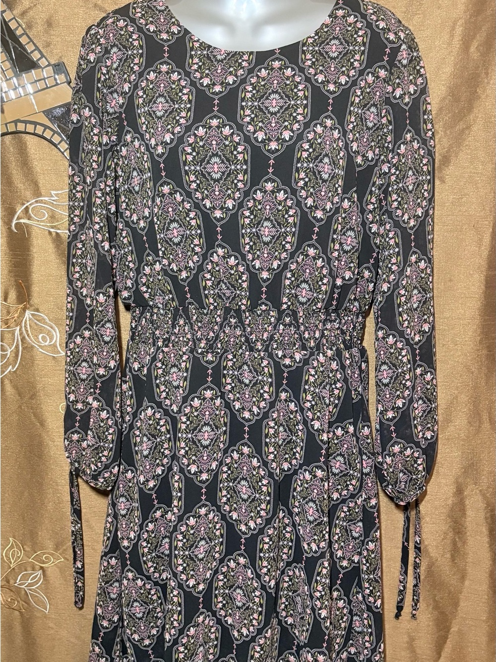 CeCe L’amor Black Dress with Pink and Green Medallion Print